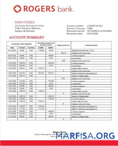 Downloadable Canada Rogers bank statement word real example
